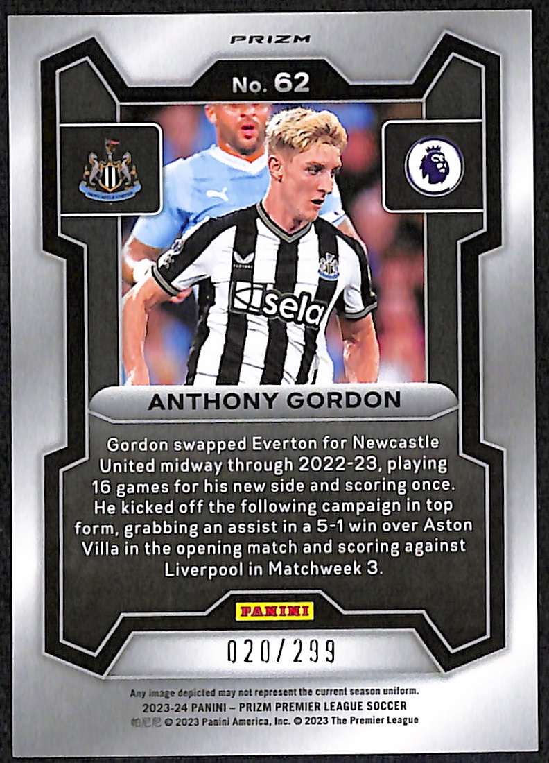 2023-24 Panini Prizm Premier League Blue Prizm Card 62 Anthony Gordon 20/299 - Image 2