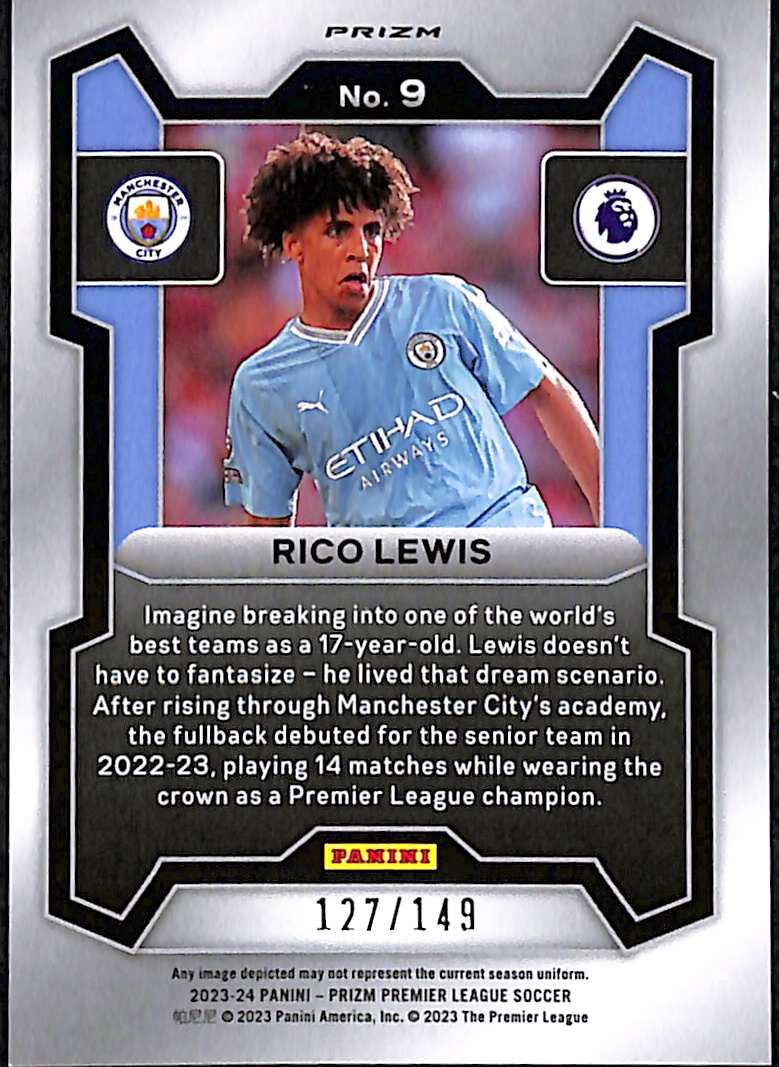 2023-24 Panini Prizm Premier League Breakaway Pink Card 9 Rico Lewis 127/149 - Image 2