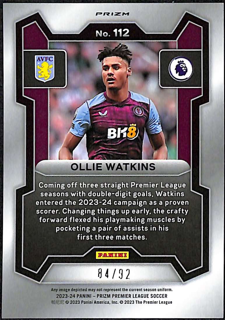 2023-24 Panini Prizm EPL Purple White Card 112 Ollie Watkins 84/92 - Image 2