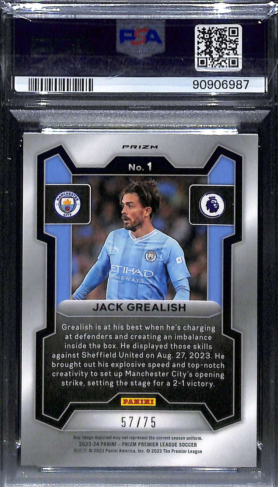 2023-24 Panini Prizm Premier League Blue Ice Card 1 Jack Grealish PSA 10 - Image 2