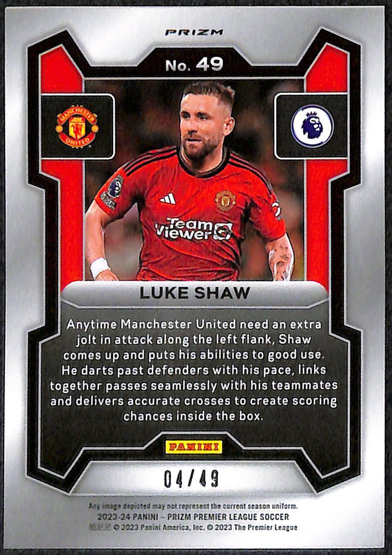 2023-24 Panini Prizm Premier League Red Laser Card 49 Luke Shaw 4/49 - Image 2