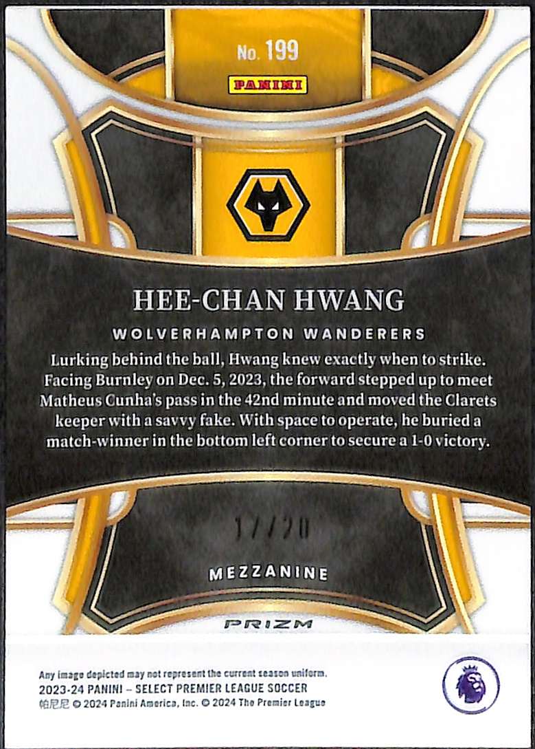 2023-24 Panini Select Premier League Soccer Card 199 Hee-chan Hwang Wolves Mezzanine White 17/20 - Image 2