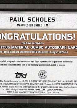 Topps Museum Collection UCL Momentous Material Jumbo Autographs #MMJA-PS Paul Scholes 05 of 99 back