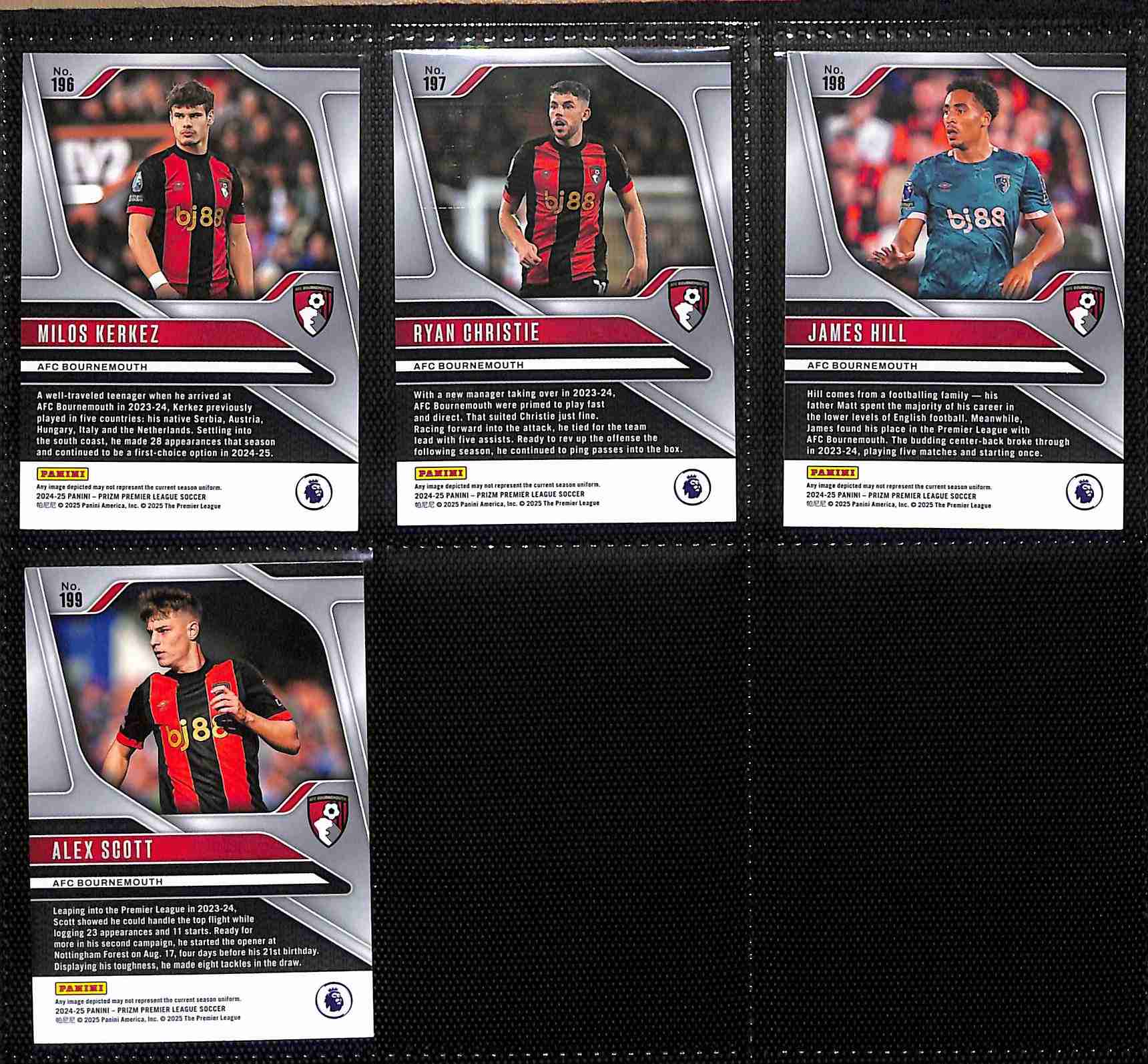 Bournemouth 2024-25 Panini Prizm Premier League team set page 2 showing player base cards