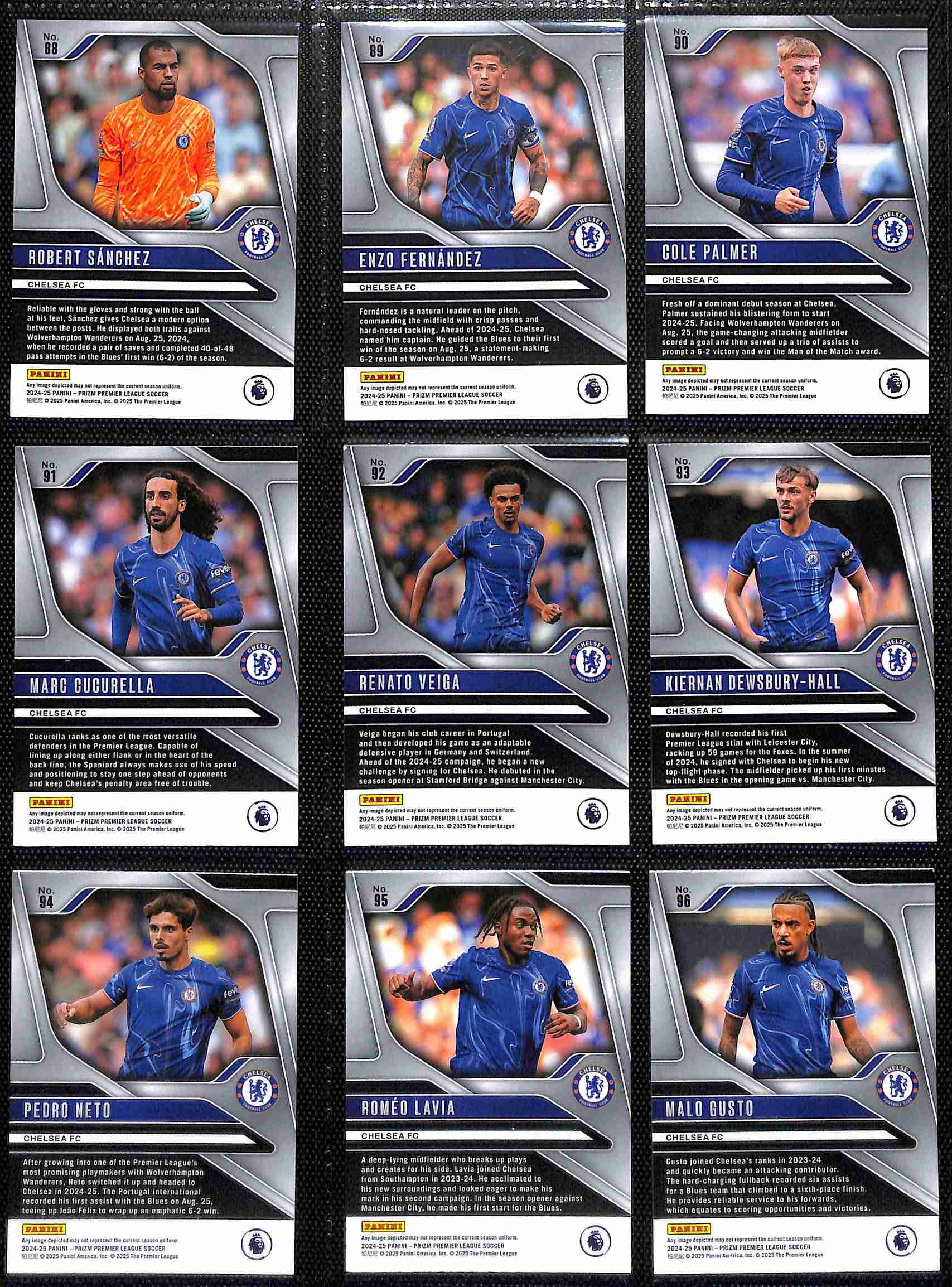 Chelsea 2024-25 Panini Prizm Premier League team set page 1 showing player base cards