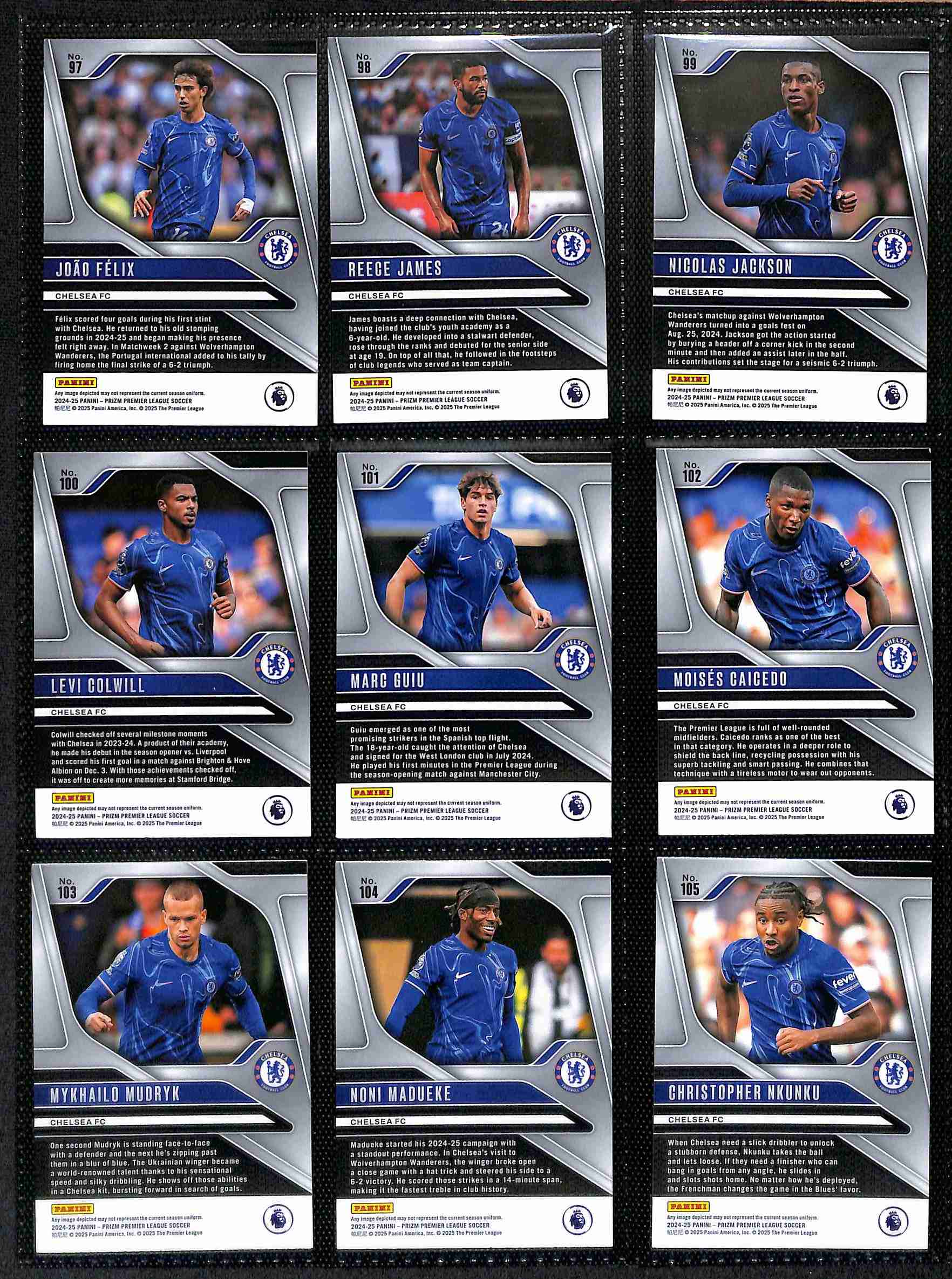 Chelsea 2024-25 Panini Prizm Premier League team set page 2 showing player base cards