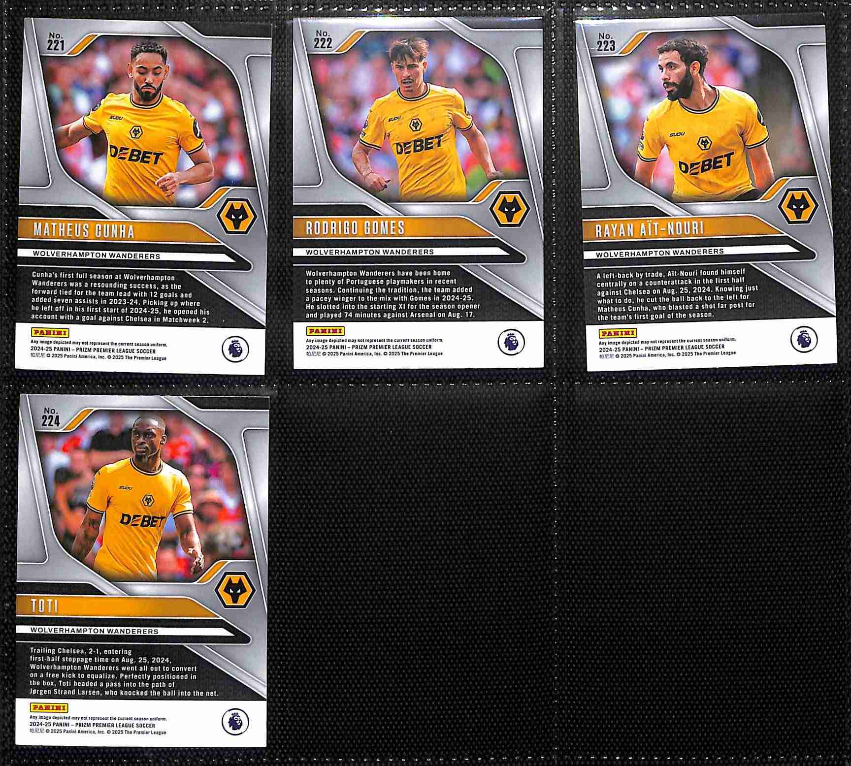 Wolverhampton Wanderers 2024-25 Panini Prizm Premier League team set page 2 showing player base cards