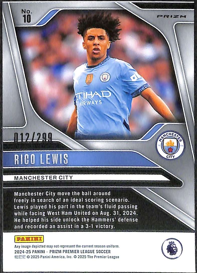 2024-25 Panini Prizm Premier League Blue Prizm Card 10 Rico Lewis 12/299 - Image 2