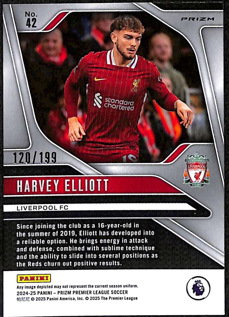 2024-25 Panini Prizm Premier League Red Prizm Card 42 Harvey Elliott 120/199 - Image 2
