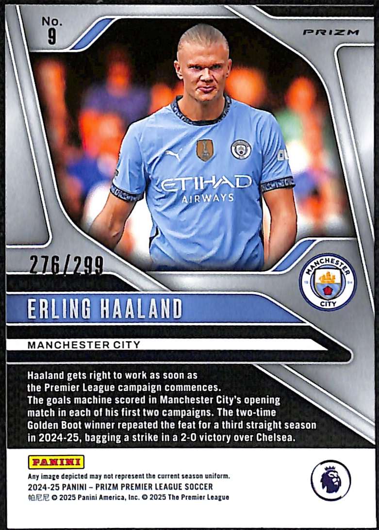 2024-25 Panini Prizm Premier League Blue Prizm Card 9 Erling Haaland 276/299 - Image 2