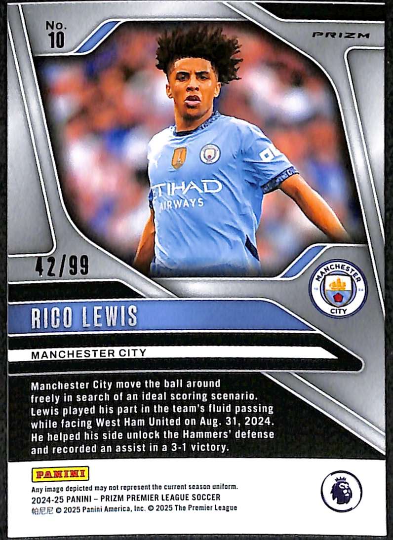 2024-25 Panini Prizm Premier League Blue Breakaway Card 10 Rico Lewis 42/99 - Image 2