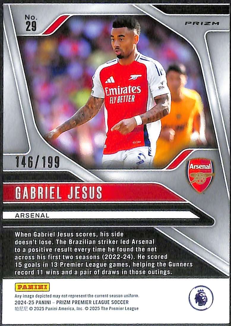 2024-25 Panini Prizm Premier League Red Prizm Card 29 Gabriel Jesus 146/199 - Image 2