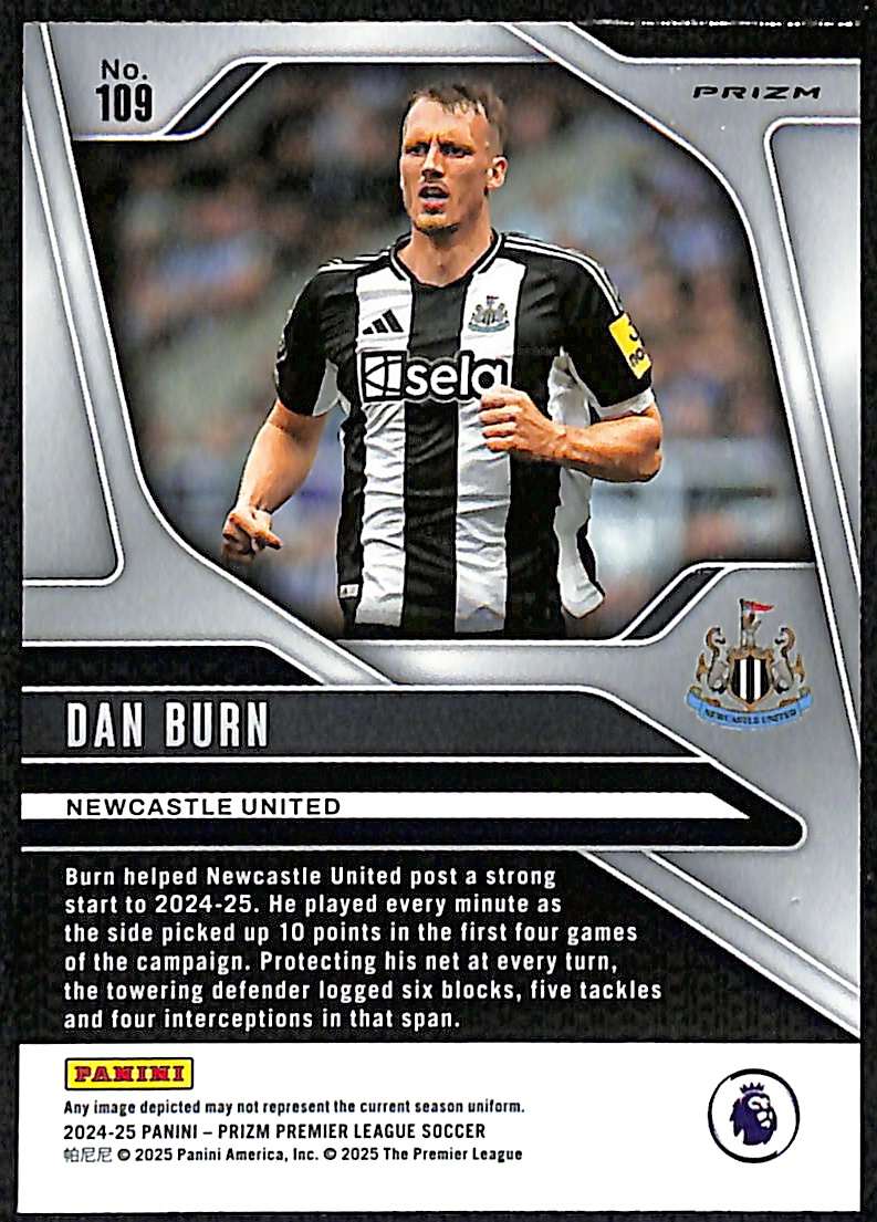 2024-25 Panini Prizm Premier League Card 109 Black and White Checker Dan Burn - Image 2