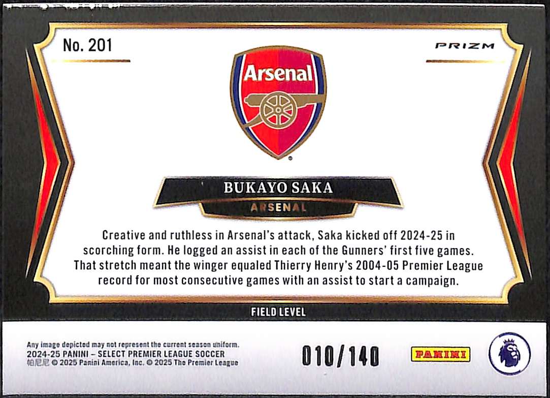 2024-25 Panini Select Premier League Field Level Purple Card 201 Bukayo Saka Card 10/140 - Image 3